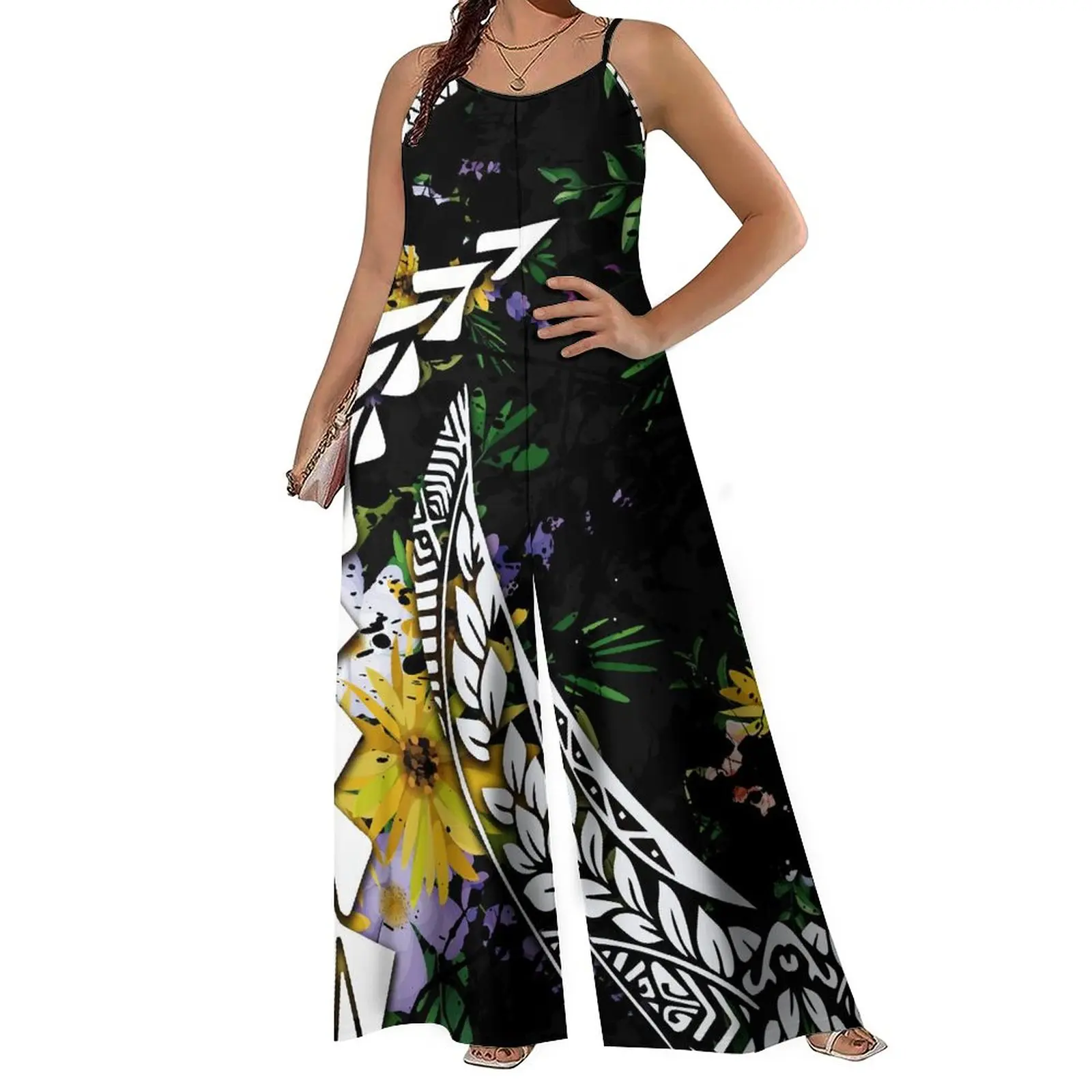 Factory Outlet Spaghetti Strap Sleeveless Lady Wide Leg Playsuits Polynesian Tribal Design Sublimation Print Yellow Rompers