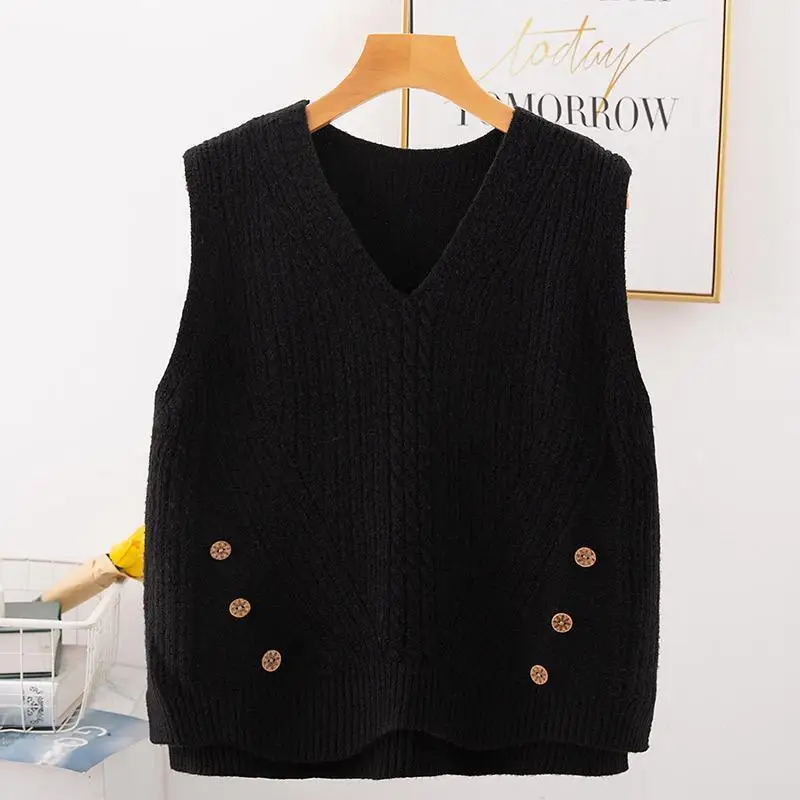 2023 Autumn/Winter New V-neck Pullover Knitted Sweater Tank Top Women\'s Versatile College Style Short Sleeveless Vest