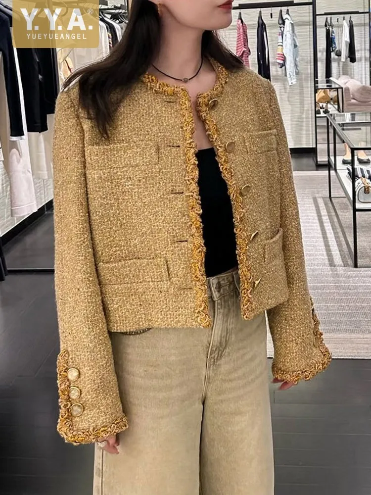 Elegant Lady Office Single Breasted O-Neck Tweed Solid Color Jacket Casual Outewear Long Sleeve Fashion Design Women Short Coat