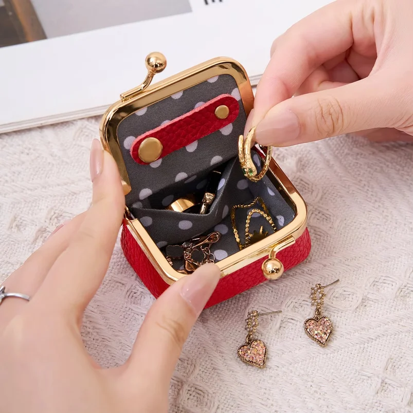 Mini Coin Purse Jewelry Storage Bag PU Leather Kiss Lock Small Pouch Portable Organizer for Rings Earrings Coins