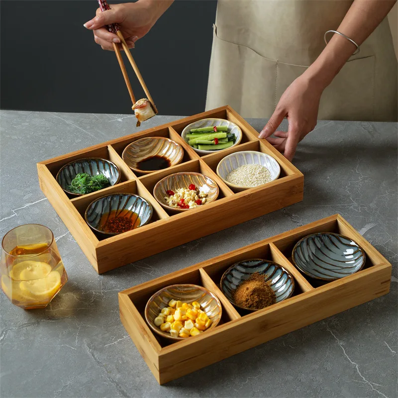 Japanese Style 9 Grid Sauce Dish Bamboo Tray Set Kiln Altered Glaze Hot Pot Dip Sushi Fruit Rice Snack Platter Home Restaurant