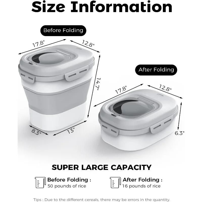 Rice Storage Containers, Collapsible 20-50Lbs Food Storage Bin with Rolling Wheel Airtight Lid,Flour Storage Container