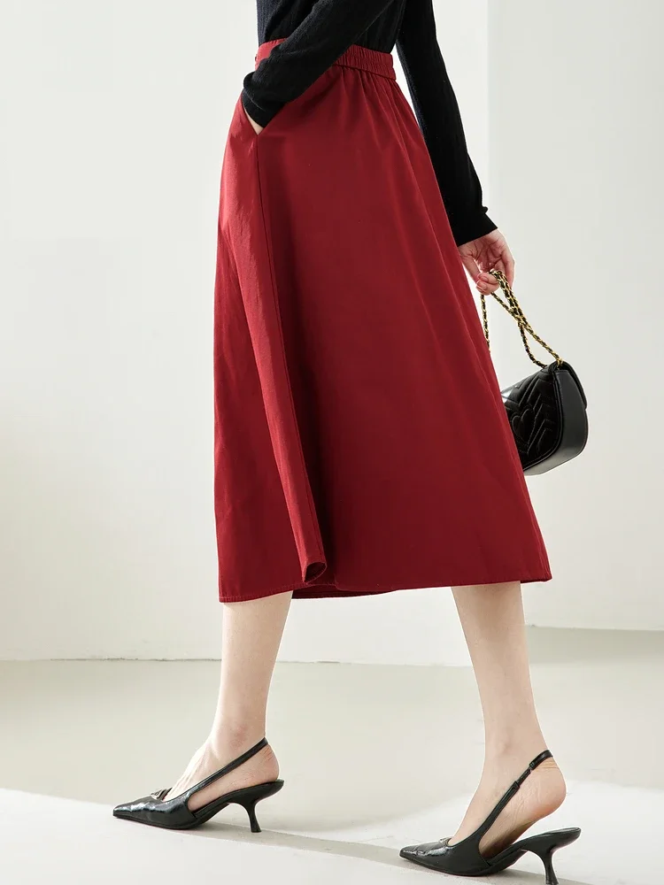 Vimly Elegant Elastic Waist Swing Red Skirt for Women 2023 Autumn Fashion Solid A Line Flared Midi Skirts with Pockets M2659