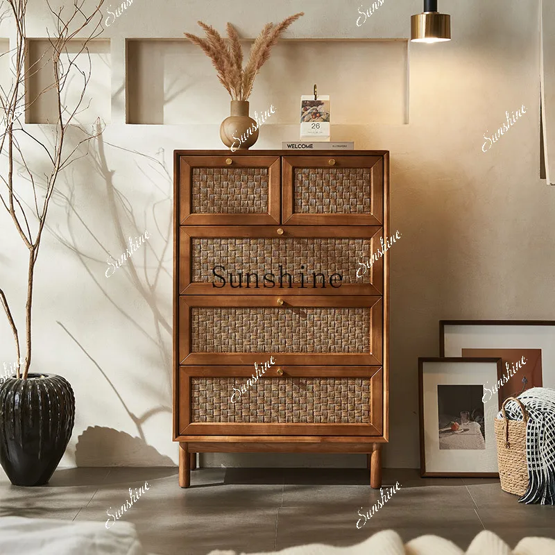 Solid wood rattan four buckets simple modern medieval art dining side drawer storage cabinet  FT