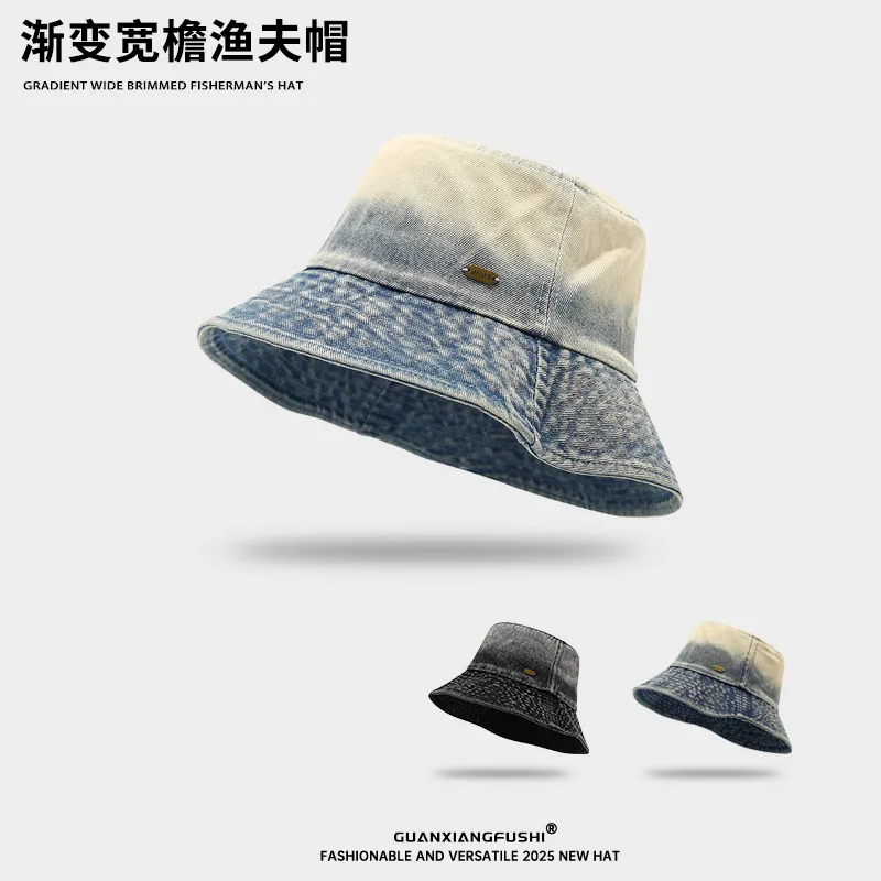 Vintage Gradient Washed Denim Wide Brim Bucket Hat For Women Spring Summer Frayed Edge Casual Sun Cap Face Flattering Chic Hat