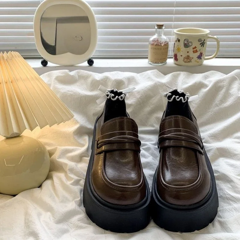 

2025 Spring Women Leather Loafer Slip On Shoes Platform Thick Sole Height Increasing Vintage British Style for Petite
