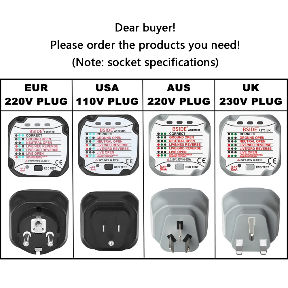 BSIDE AST01 Electric Socket Tester EU US UK AU Plug RCD GFCI Test Outlet Ground Zero Line Plug Polarity Phase Wall Check