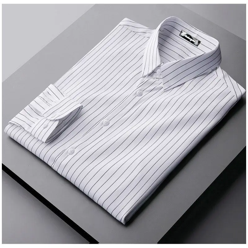 2023 New Spring and Autumn Korean Fashion Business Dress Casual No Iron Polo Collar Stripe Long Sleeve Men's Versatile Shirt