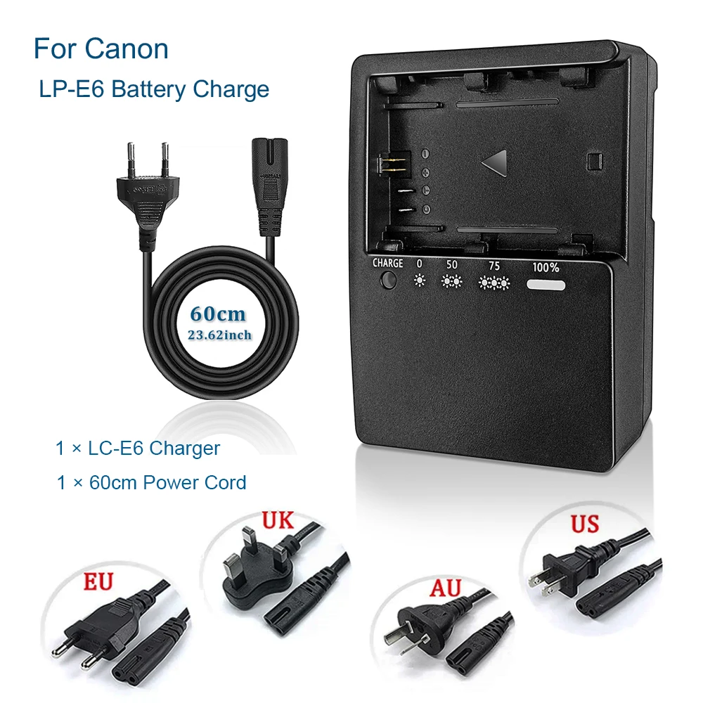 Ładowarka LP-E6 LP-E6N LC-E6 pasująca do aparatu Canon: kompatybilna z akumulatorem LP-E6NH LC-E6E EOS R Ra R5 C R6 R7 DSLR 60D 60DA 70D 80D