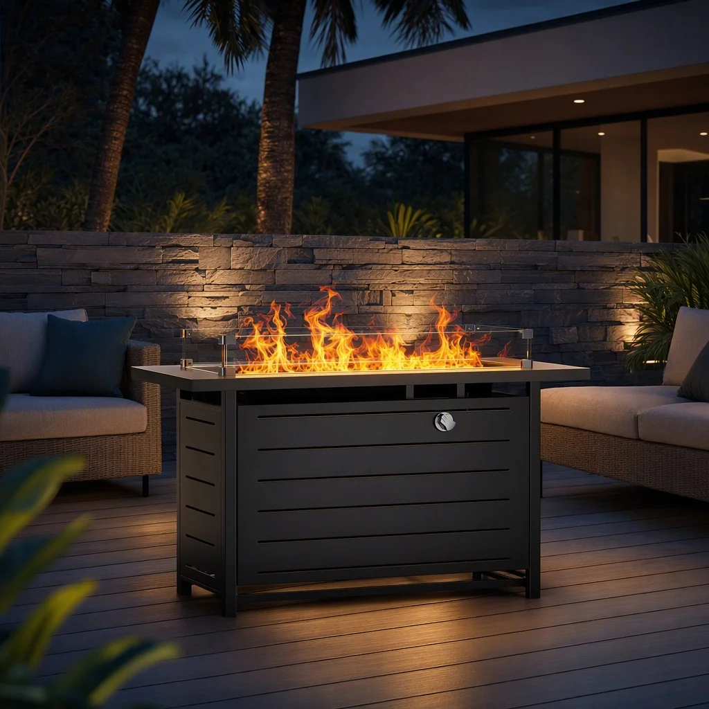 42 Inch Rectangular Propane Fire Pit Table, 60,000 BTU Outdoor Gas Fire Pit with Glass Wind Guard, Steel Lid & Lava Rocks, 2‑in‑1 Fire Table for Patio Deck Garden Party