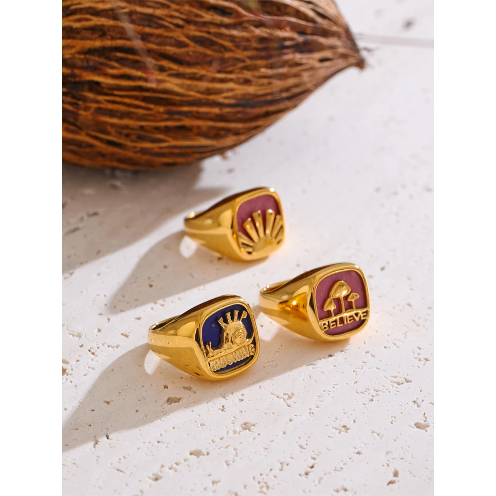 Yhpup Blue Pink Resin Stone Square Golden Wide Ring for Women Stainless Steel Exquisite Fashion Jewelry Recommend 2025