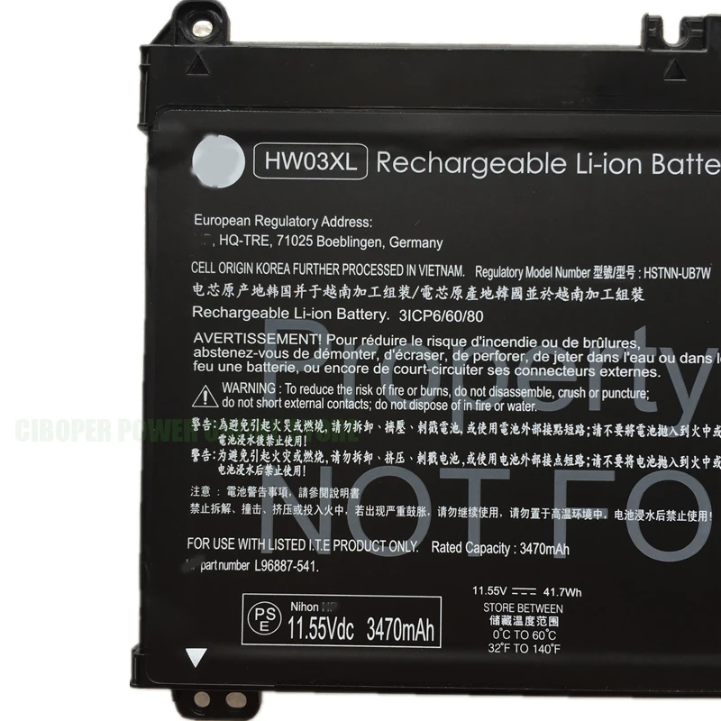 CP Genuine Laptop Battery HW03XL 3470mAh/41.7Wh For PAVILION 15-EG 15-EH 15T-EG 15Z-EH 17-CP ,G8,G9 HSTNN-IB90 LB8U L97300-005