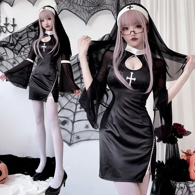 Sexy Nun Costume Women Fancy Cross Gothic Nun Vampire Cosplay Outfits Hollow Out Dress With Scarf Girls Halloween Party Clothing