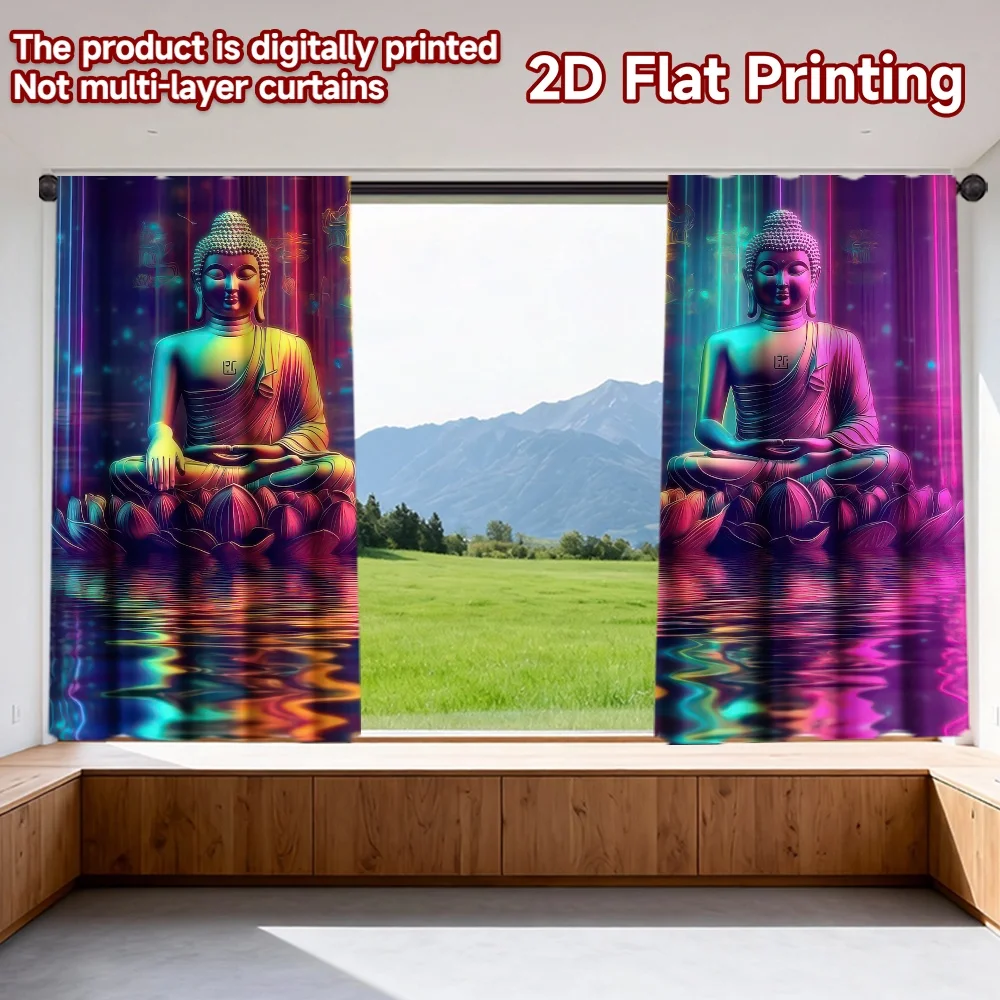 

2D flat printing 2pcs Party Window Curtains Vibrant Buddha Reflections Digital Printed Polyester Drapes Festive Curtains for