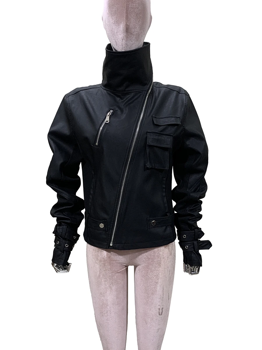 

Весенне-осенняя стильная короткая ветрозащитная черная приталенная куртка из искусственной кожи для женщин, с длинными рукавами, на молнии, дизайнерская, класса люкс, в стиле Emo.