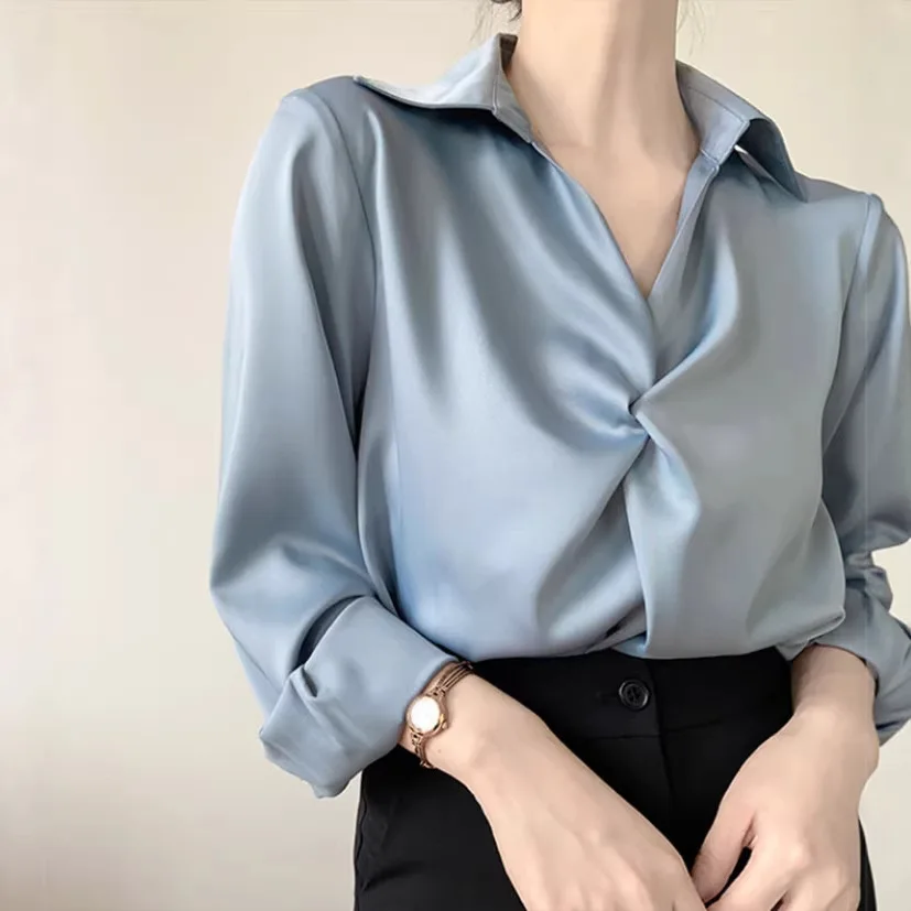 

Love at first sight: women's blue satin blouse - professional commute shirt with unique design, spring collection top