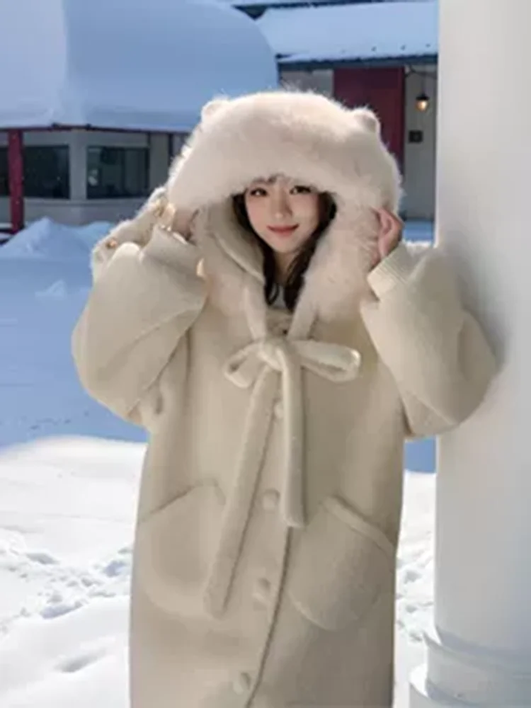 

Cute White Woolen Coat Women's Winter New Plu Ears Hooded Mid-Length Woolen Jaet Korean Sle Straight Cut Button Splice