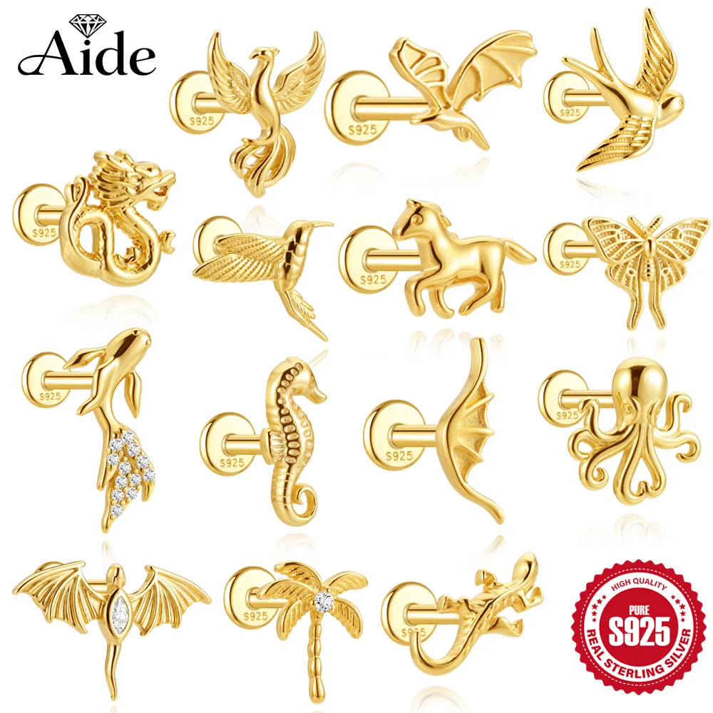 AIDE 925 Sterling Silber Klassischer Drachen- und Phönix-Ohrstecker, zierlicher Luxus für Damen, Tier-Serie, flacher Kopf, Ohrknochenstecker