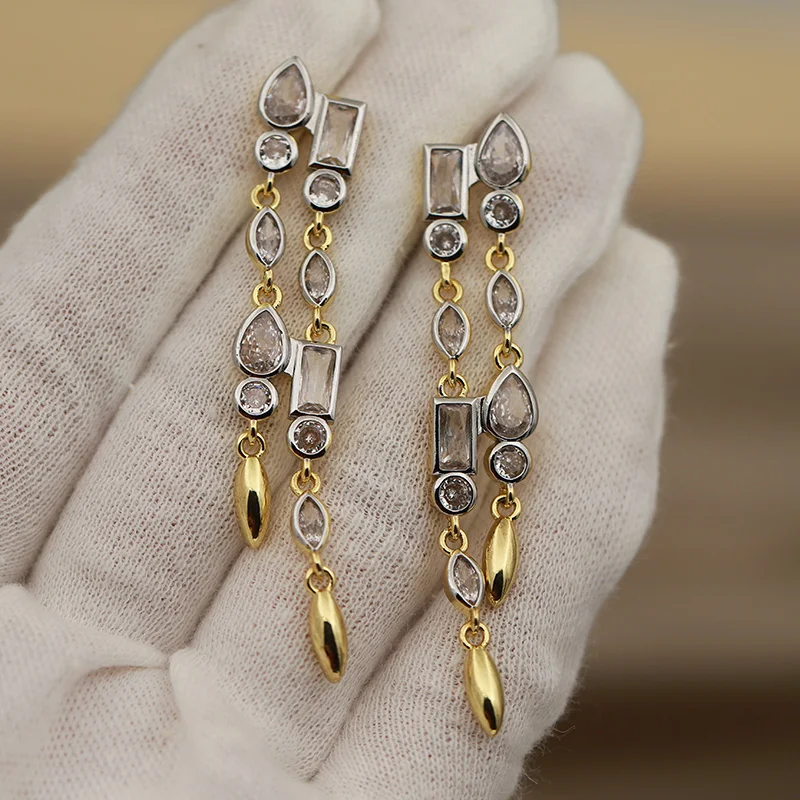 New Sight Design Metal Crystal Long Tassel Stud Earrings for Women Fashion Brand Jewelry Delicate Zirconia Waterdrop Earrings