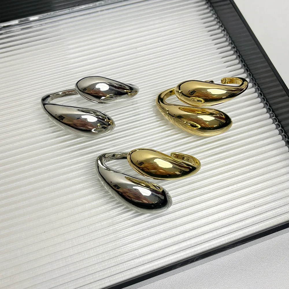 Metal Glossy Double Water Drop Open Ring for Women European and American Personality Exaggerated Trend Jewelry Accessories