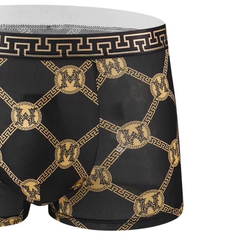 Random 5 pcs men\'s fashionable black gold patterned boxer shorts, super soft and comfortable underwear, suitable for daily wear