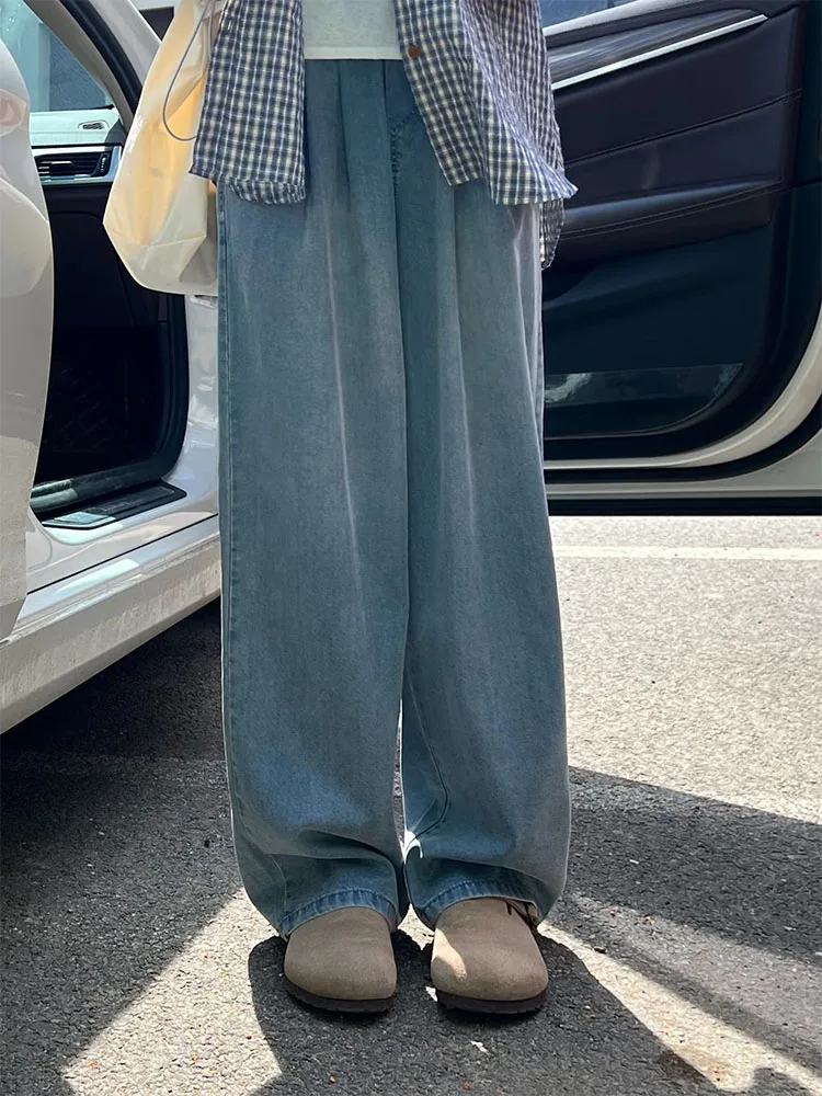 Jeans a gamba larga a vita alta da donna estivi sottili vestibilità ampia dimagranti drappeggiati gamba dritta pantaloni lunghi fino al pavimento