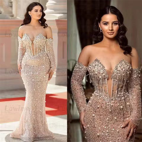 Abendkleider Champagne Evening Dress Elegant Off The Shoulder Heavy Beaded Pearl Crystals Mermaid Prom Party Dresses Customized