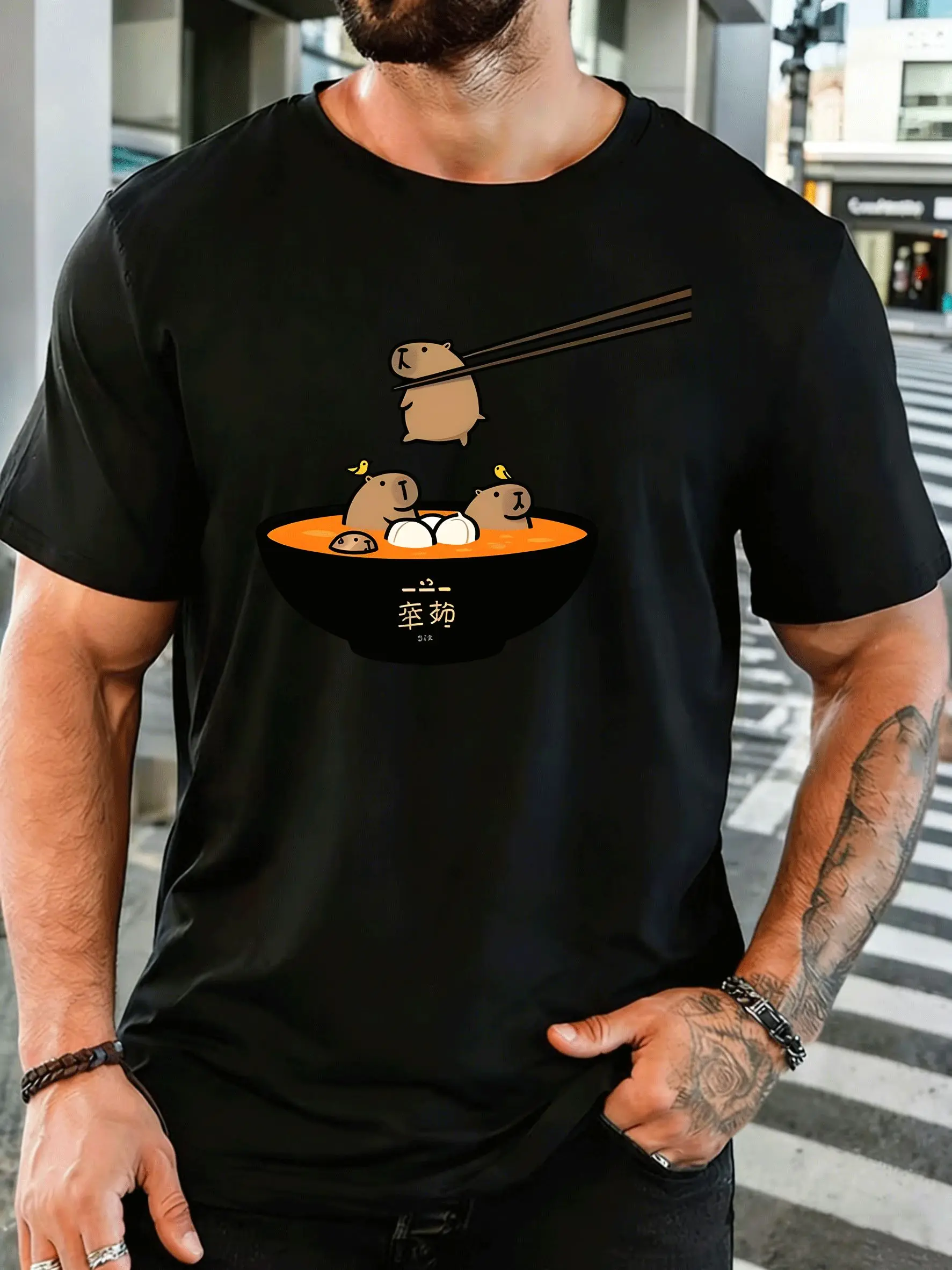Capybara Family In Ramen Bowl Mens Front Print T Shirt Cute Animal Cartoon Graphic Tee Casual Short Sleeve Funny Pet Lover Gift