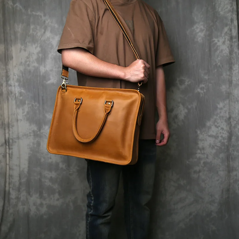 

Retro Top Layer Cowhide Handbag Simple Genuine Leather Briefcase Large Capacity Crazy Horse Leather Handmade Computer Bag