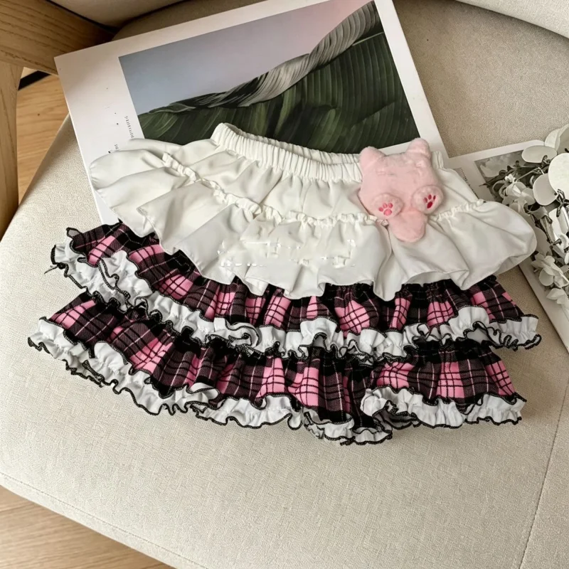 Japanese Sweet Lolita Style Cake Skirt Women Kawaii Cute Plaid Ruffles Fluffy Y2k Mini Skirts Girls Casual A-line Short Skirts
