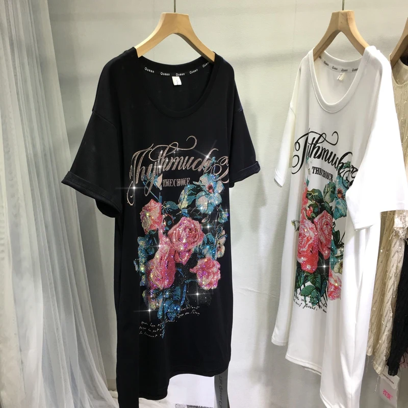 

Luxury Flowers Hot Drilling Women Dresses All-match Mid-long T-shirt Loose Oversize Top Streetwear Summer Short Sleeve Tshirts