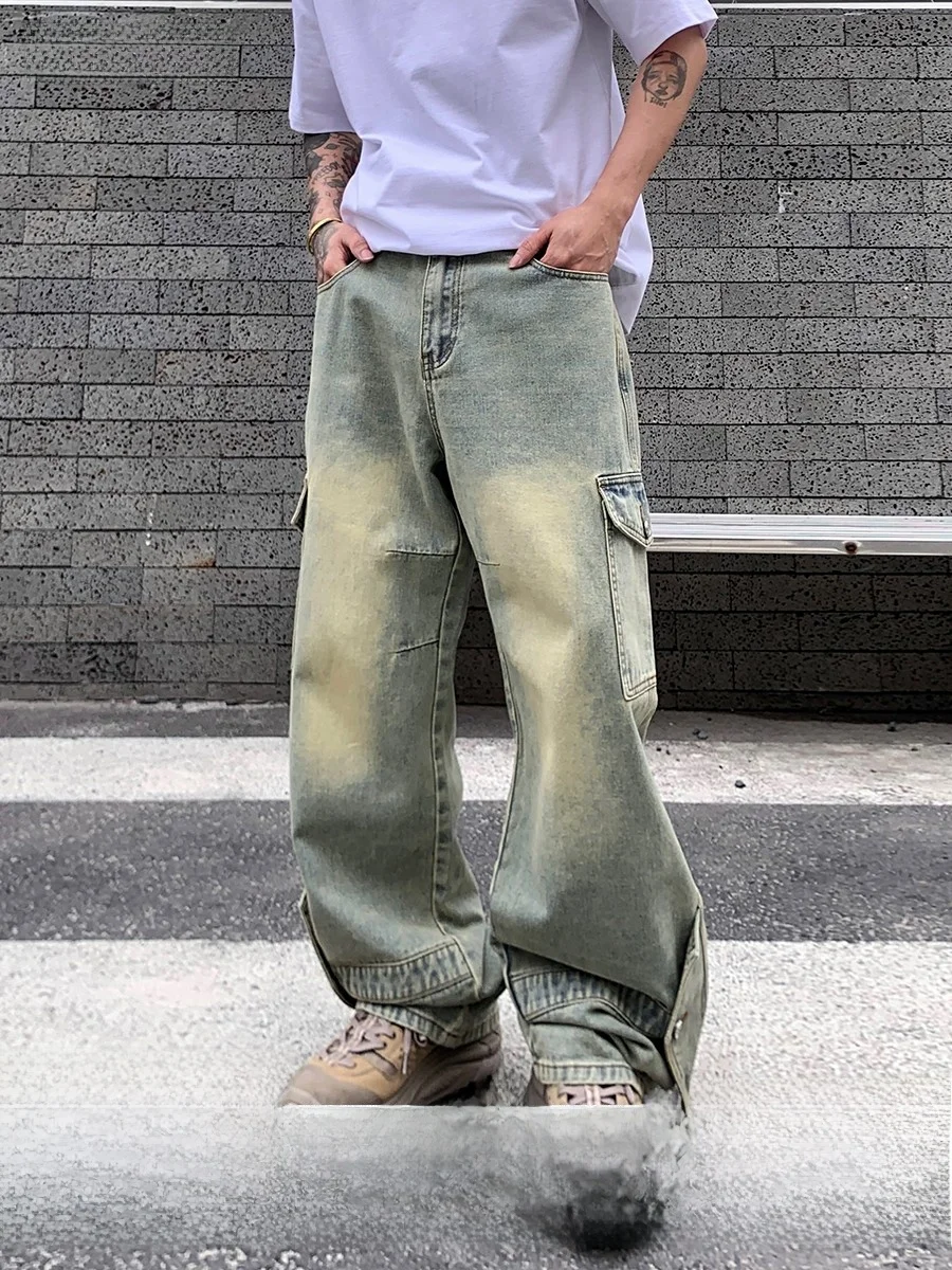 

Американская рабочая одежда в стиле ретро, джинсовые джинсы, мужские прямые брюки с выцветкой талией, повседневные свободные брюки с несколькими карманами и декоконструировкой