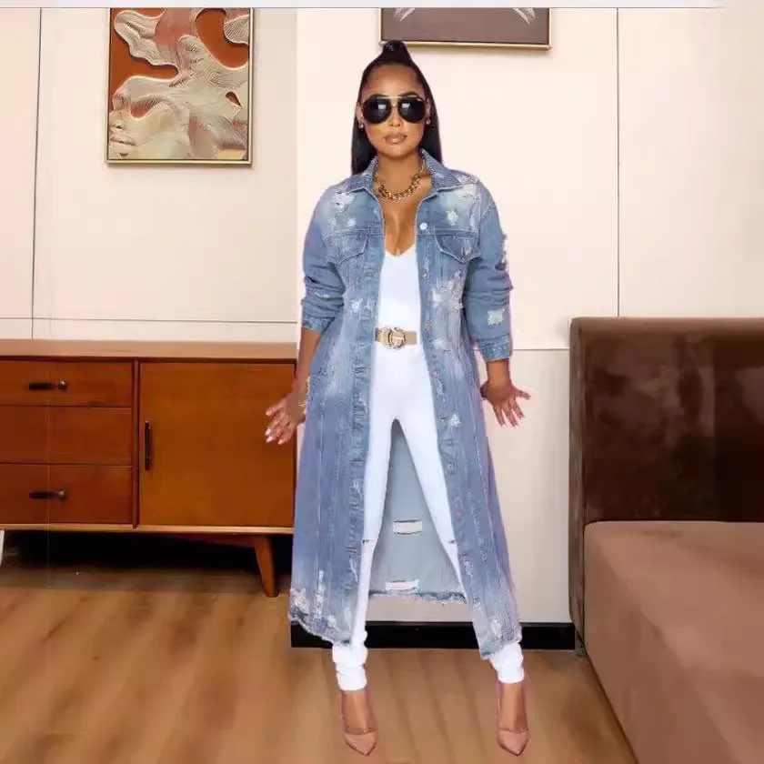 

Women's 2026 Hot Selling Loose Ripped Denim Long Coat Cape Fashionable Streetwear for All Match Outfits