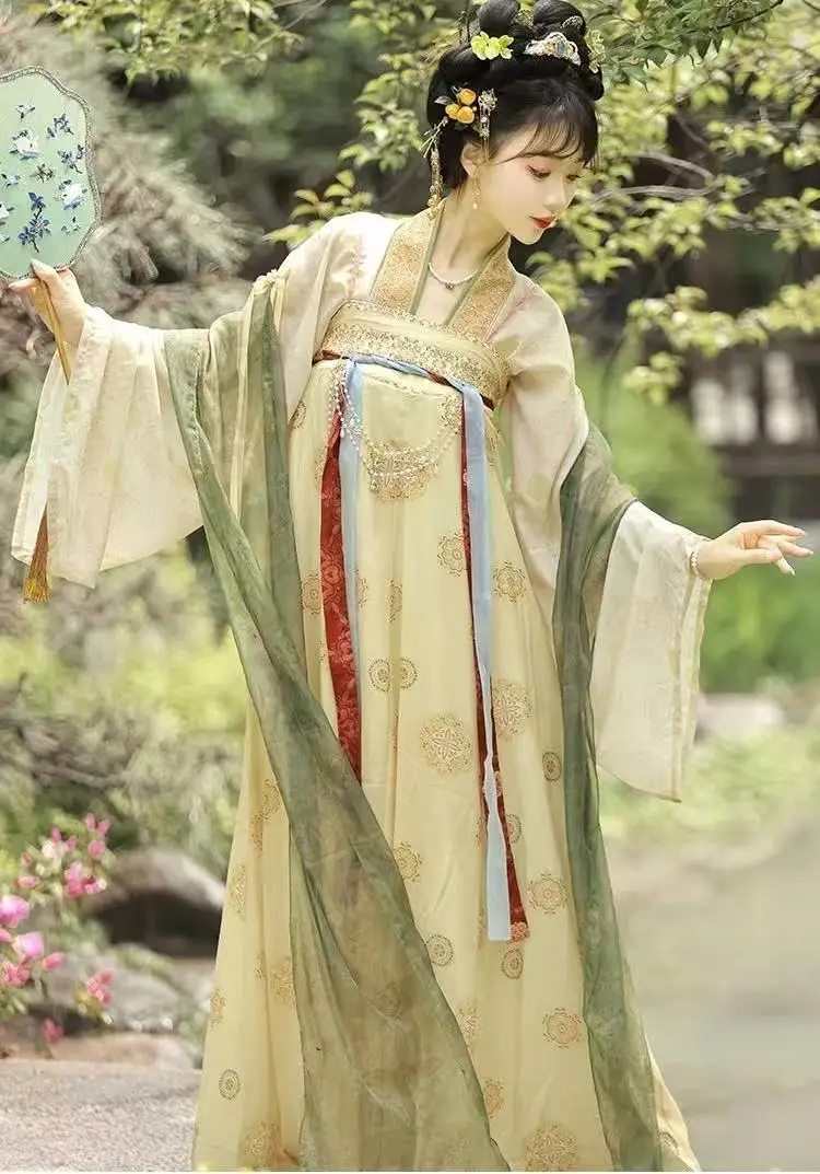 Original Chinese Hanfu Women's Tang Dynasty Floral Printing Stage Show Dress Vintage Halloween Street Princess Cosplay Outfits