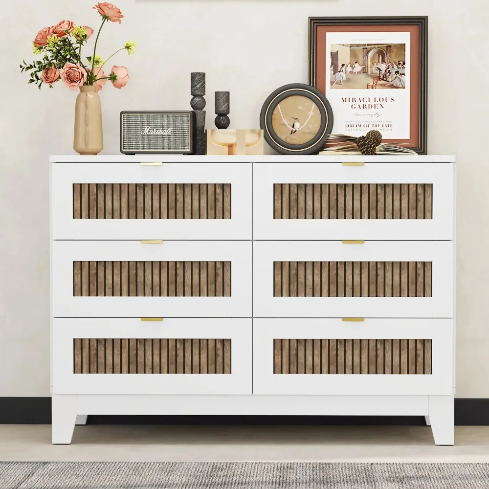 Rustic Farmhouse Style Wooden Dresser with 6 Drawers, Storage Cabinet for Bedroom with Metal Handles