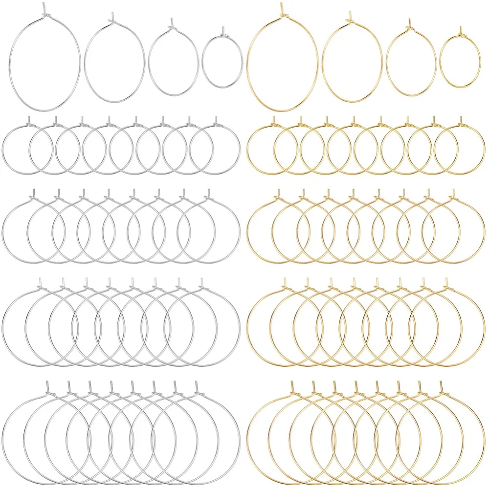 

160Pcs 8 Style Brass Wine Glass Charm Rings Hoop Earrings Findings Platinum Golden 20~35x0.8mm(20 Gauge) 20pcs/style