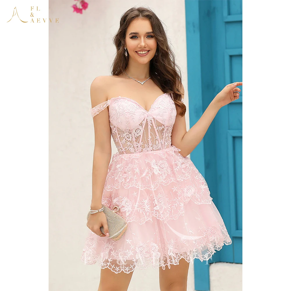 

Elegant Pink Mini Prom Dresses Embroidery Lace Sexy Off The Shoulder Evening Party Dress Sweetheart Homecoming Gown Robe