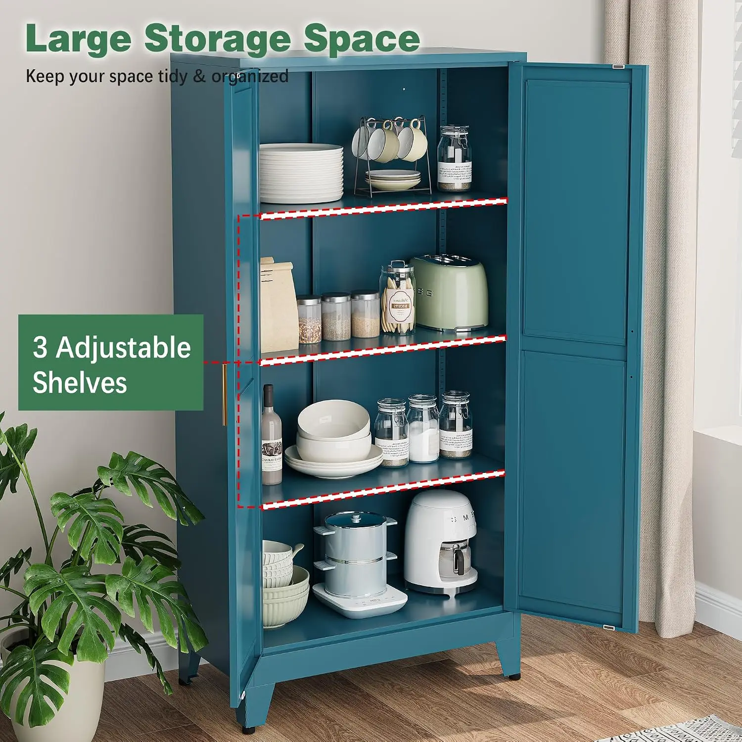 61" Farmhouse Metal Cabinet 2 Doors 3 Shelves Tall Freestanding Blue Pantry Kitchen Living Room Office, Customized