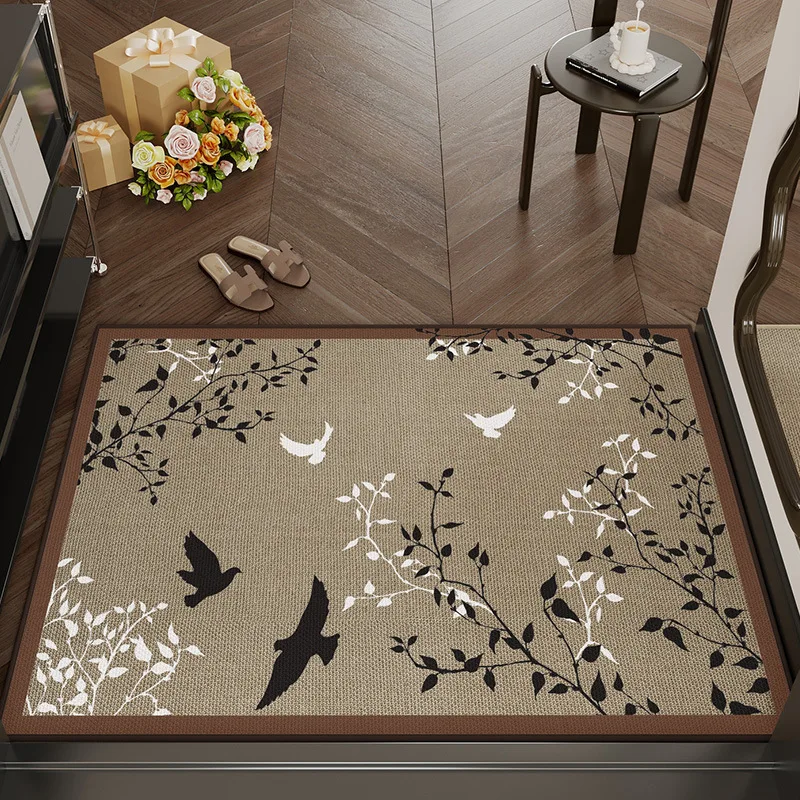 New Chinese-Style Leaf Bird Door Mat Retro Printed Anti-Slip Floor Carpet for Porch Simple Dirt-Resistant Dust-Removing Foot Pad