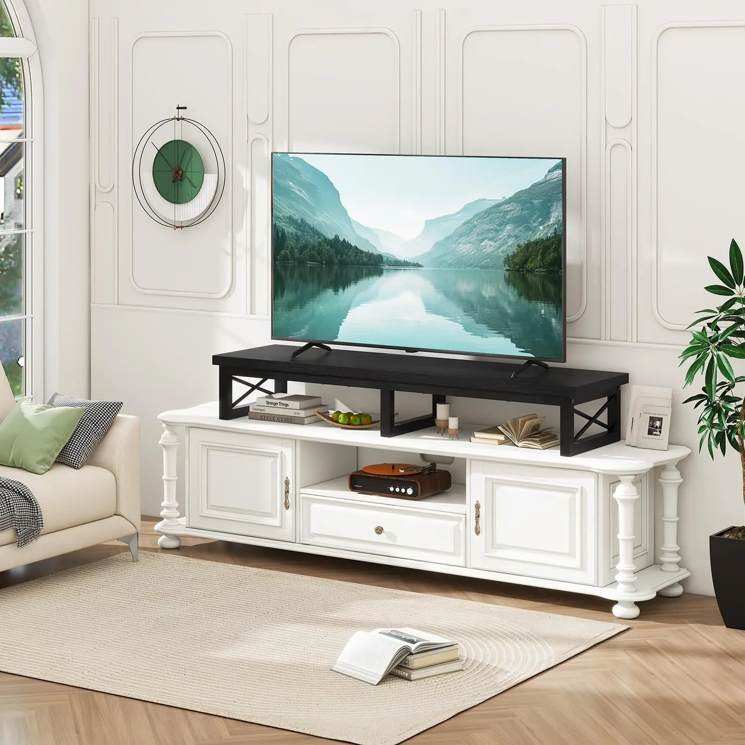 45' Large TV Riser for 32-60 inch TV,Tabletop Short TV Stand with Storage and Steel Legs,Dual Screen Office Desk,Stand Riser