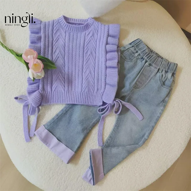 NL-Girls24Autumn Suit New Western Style Children's Autumn Clothing Girls' Fashionable Vest Shirt Three-Piece Suit