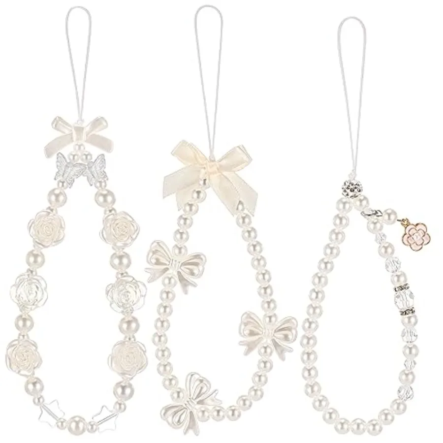 

Ecally 3 Pcs Phone Charms Strap Camera Charm Strap Pearl Beaded Butterfly Bow Flower Phone Wrist Lanyard Bracelet for Camera Ke