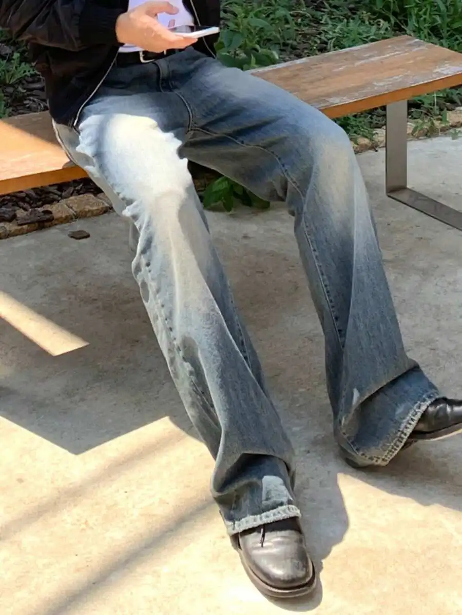 

Mens Blue Washed Vintage Straight Leg Jeans Autumn Casual
