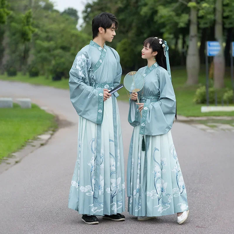 

Original WeiJin Dynasty Couple Hanfu Dress Blue Embroidery Gradient Hanfu Dress Adult Carnival Costume for Men Women Plus Size