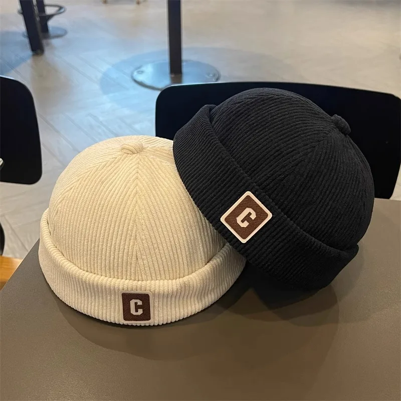 Vintage Corduroy Baby Brimless Hat Solid Color C Letter Toddler Kids Docker Cap Hip Hop Boys Girls Beanie Adjustable Melon Caps