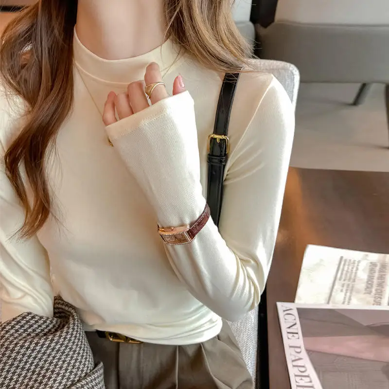 Women's Long Sleeve Basic Collar T-Shirt Inner Wear Base Layer Top Extra Layering Shirt Simple Style Winter Season Pure Color