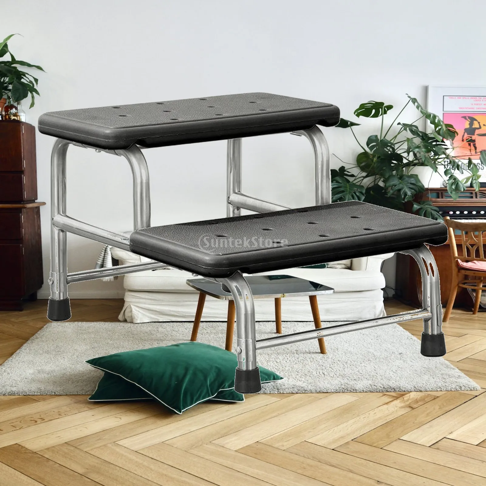 2 Step Stainless Steel Stool Anti Slip Rubber Foot Covers Reinforced Tubular Frame Compact Utility Step Ladder