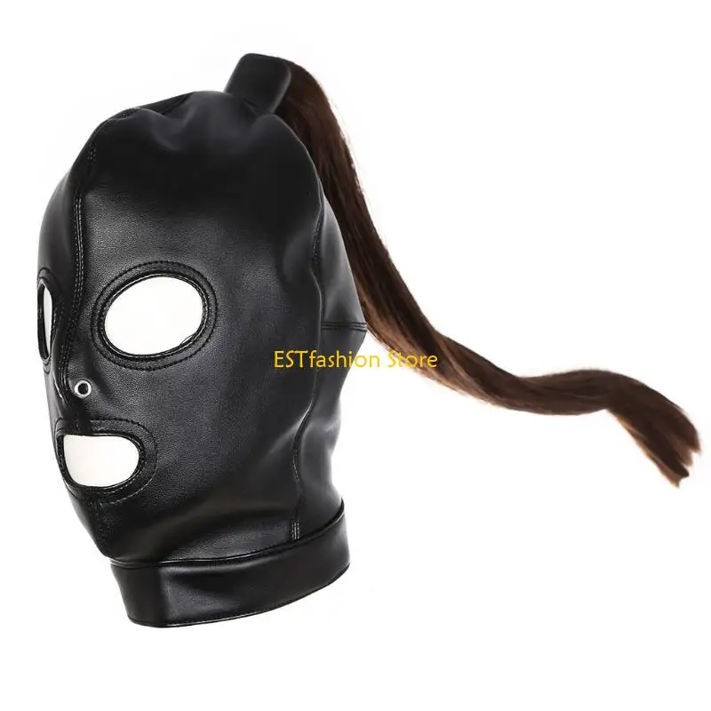 Y5GC Faux Leather Volledig gezicht Hoofddekselmasker BDSM Hood met pruik volwassen seksspeeltjes