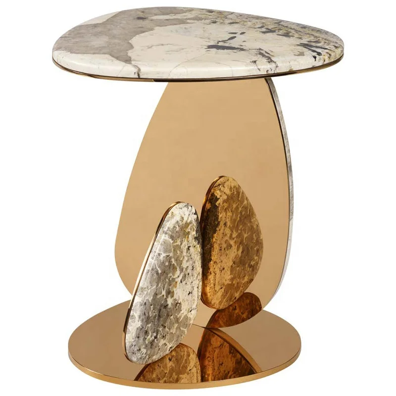 luxury  modern design gold leaf stainless steel base customized side table with polished stone top end table