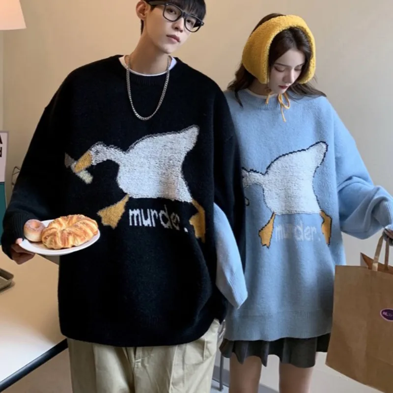 

Men's Retro Knitted Sweater, Korean Cartoon Spoon Duck, Goose Murder Pattern Pullover, Women's Hip Hop Cotton Casual Swe, Autumn